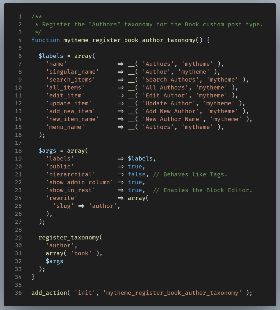 Code showing how to register custom taxonomy.