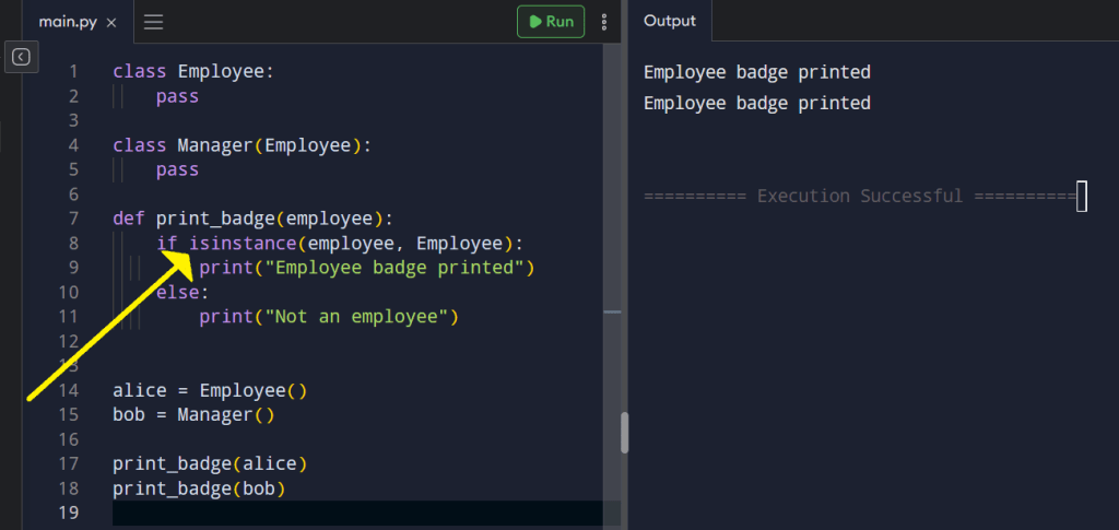 Example showing how the same conditional statements have different results when comparing types with isinstance() function.