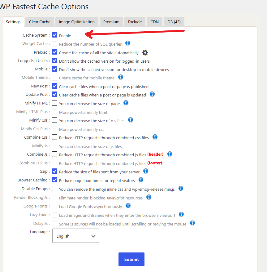 Image of the WP Fastest Cache Setting dashboard