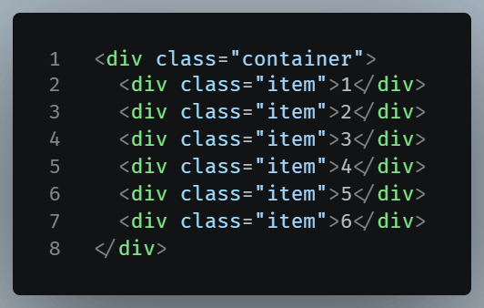 HTML code structuring six items into a container.