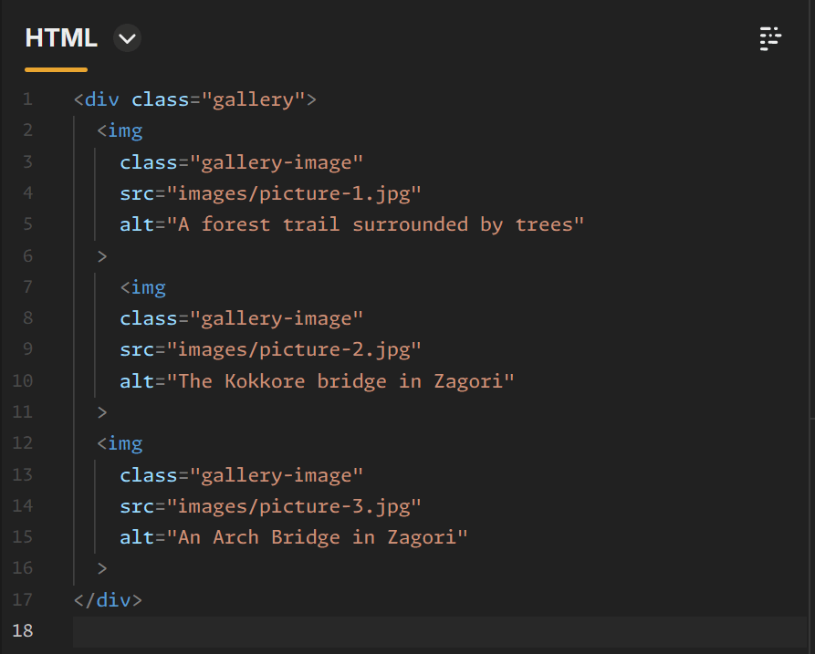 The HTML code of a simple gallery