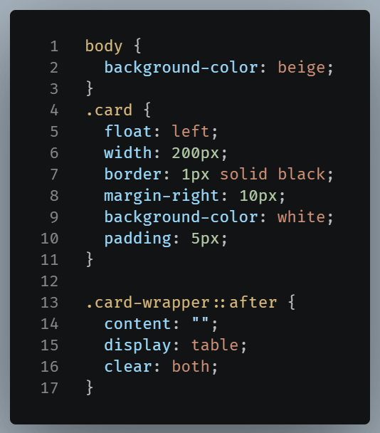 CSS code using float and clear properties to achieve the same result with the two cards.