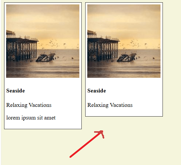 Image showing how the two cards are rendered in the browser with the alternative css code.