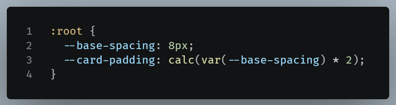 Code example of a custom property using another custom property through the var() function.