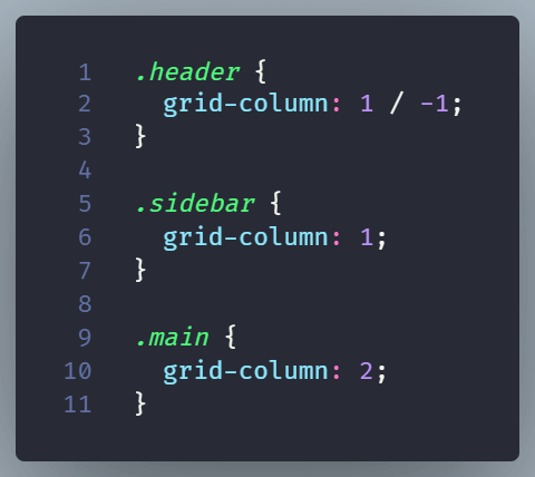 CSS example of creating grid columns for header, main, and sidebar sections using the grid-column property.