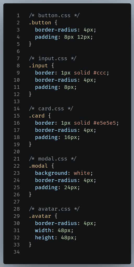 Example of a style sheet code-base presenting five different elements having the same border-radius value.